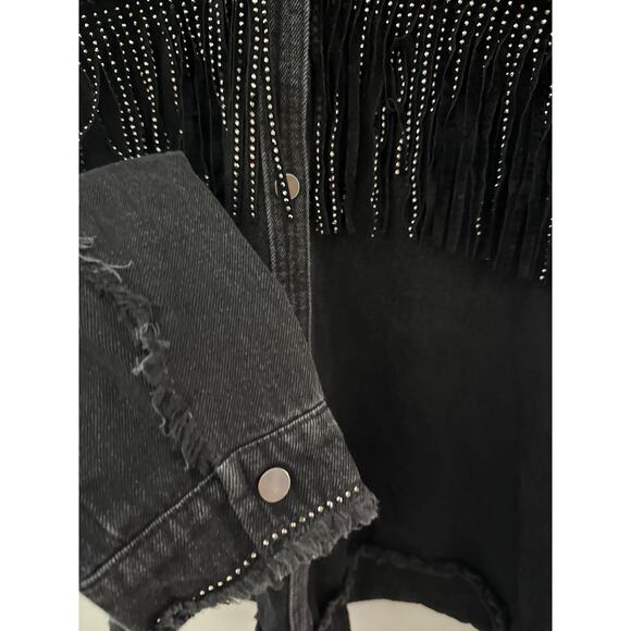 Zara Rhinestone Fringe Studded Jean Jacket  Black Size Medium - Picture 10 of 13